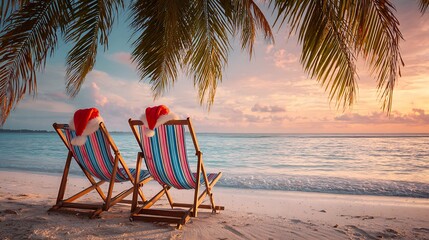 Two striped deckcharis with red hat on the beach with beautiful sunset 