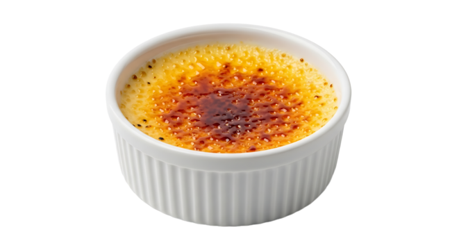A delectable crème brûlée in a white ramekin, showcasing its smooth, custard base and brittle caramelized sugar crust.