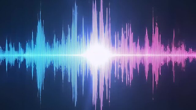A vibrant and dynamic abstract digital sound wave visualizer pulses and fluctuates in striking neon blue and pink against a dark, minimalist background. The rhythmic peaks and valleys of the audio spe