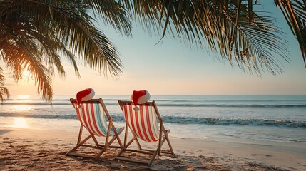 Two striped deckcharis with red hat on the beach with beautiful sunset