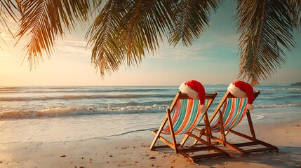 Two striped deckcharis with red hat on the beach with beautiful sunset