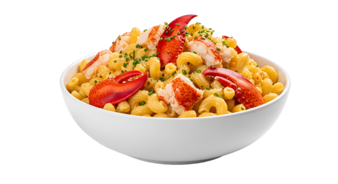 A bowl of macaroni and cheese topped with pieces of lobster and chopped chives for an elevated gourmet experience.