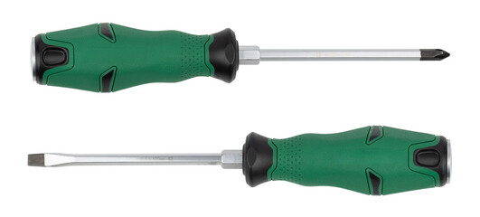 Slotted screwdriver and phillips screwdriver green colors isolated on white background