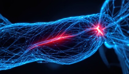 Dynamic neural network visualization with vibrant blue lights and red focal point for science and innovation projects or medical technology concepts