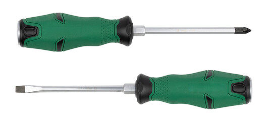 Slotted screwdriver and phillips screwdriver green colors isolated on white background