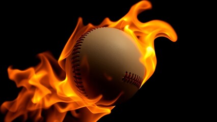 A fiery baseball isolated against darkness, showcasing vibrant flames in a striking close-up.