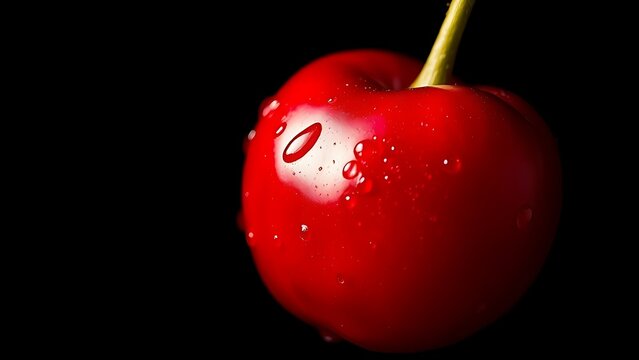 Extreme close-up of a ripe cherry with water droplets, emphasizing vibrant red color.
