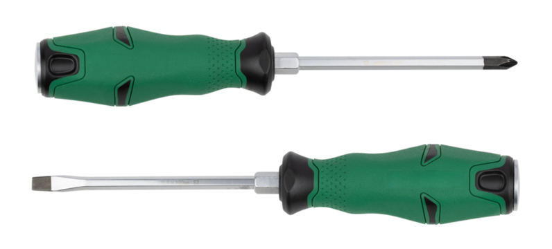 Slotted screwdriver and phillips screwdriver green colors isolated on white background