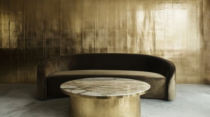 Naklejka premium Elegant curved sofa and marble table against a textured golden wall backdrop