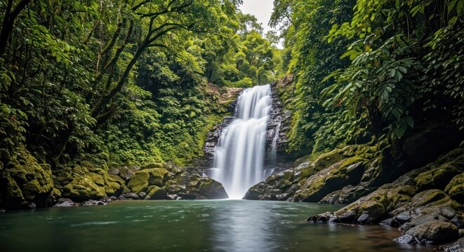 Lush rainforest scene with a cascading waterfall into a tranquil, emerald pool - Powered by Adobe