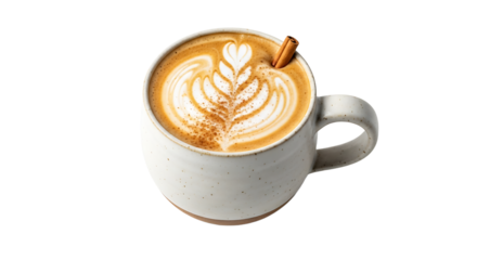 Cozy mug shot: latte art swirls in creamy coffee, sprinkled with cinnamon, stick garnish, invites warm autumn vibes.