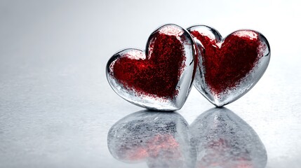 Valentine's day card with two shiny hearts isolated on the white background 