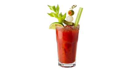 Invigorate your senses with a spicy tomato cocktail, brimming with crisp celery, zesty lime, and savory garnish skewer.
