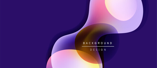 Abstract fluid shapes overlap, creating vibrant color gradients. Dark purple background enhances visual depth, modern design elements present.