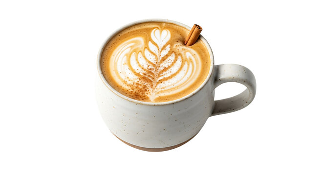 Cozy mug shot: latte art swirls in creamy coffee, sprinkled with cinnamon, stick garnish, invites warm autumn vibes.