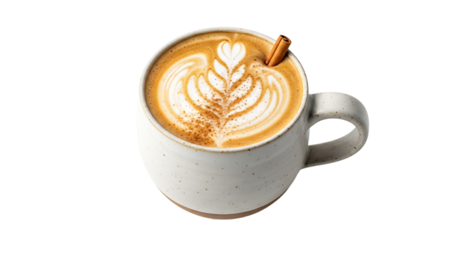 Cozy mug shot: latte art swirls in creamy coffee, sprinkled with cinnamon, stick garnish, invites warm autumn vibes.
