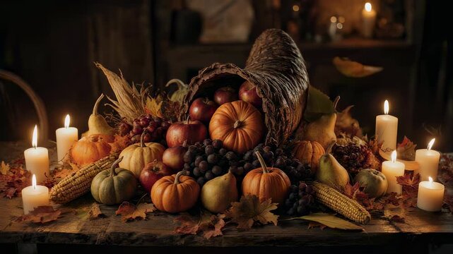 Autumn Harvest Cornucopia with Pumpkins, Fruits, and Candles for Thanksgiving Celebration Decor