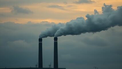 Industrial smokestacks releasing vapor into a cloudy sky, conveying an environmental message with muted tones.