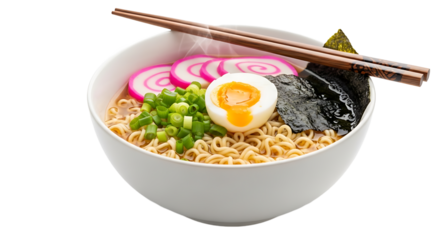 A steaming bowl of ramen noodles, garnished with sliced scallions, a soft boiled egg, and fish cakes and seaweed.
