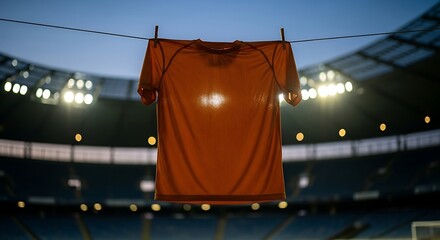An orange sports jersey hangs on a clothesline, bathed in the glowing lights of a large stadium at night, evoking the dedication found in athletic endeavors
