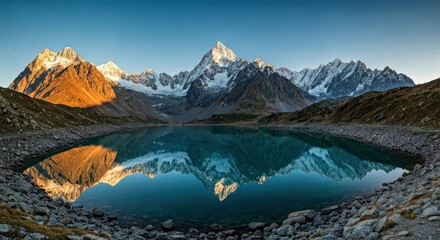 Majestic mountain range with snow-capped peaks reflected in a tranquil lake at sunrise