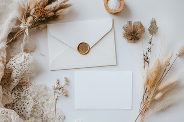 Elegant Flat Lay Composition With White Cards and Golden Accents on White Surface