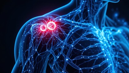 Lymphatic system inflammation, showing inflamed lymph nodes in shoulder area, medical illustration for health awareness campaigns and educational materials