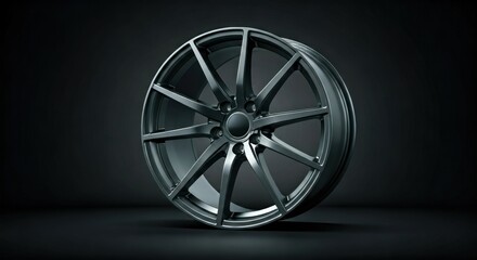 Obraz premium Metallic car wheel with multiple spokes, presented against a dark, seamless background