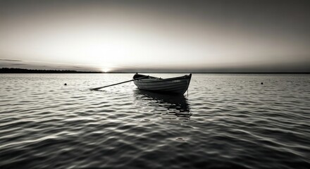 Monochrome photo of a small boat on calm water at sunrise, with one oar in the water