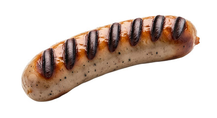 A single grilled sausage on a transparent background, showing its dark grill marks, juicy texture and overall golden brown color.