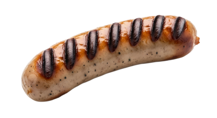 A single grilled sausage on a transparent background, showing its dark grill marks, juicy texture and overall golden brown color.