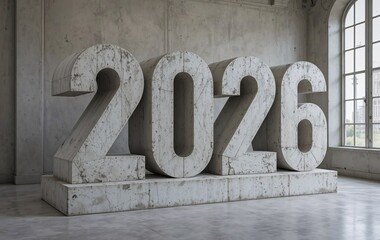 Large Concrete 2026 Numbers in an Empty Industrial Loft Space with Window Light