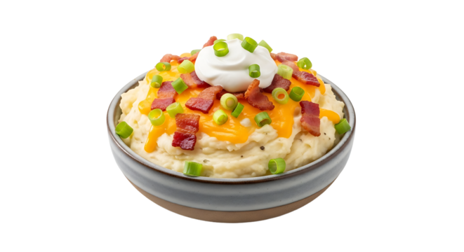 Bowl of warm mashed potatoes topped with cheese, bacon, green onions and a dollop of sour cream for extra flavor.