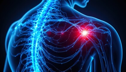 Explore shoulder pain relief with this stunning anatomical rendering, visualizing nerve inflammation for medical research and healthcare solutions now