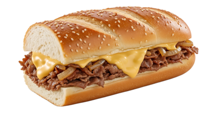 Mouthwatering sandwich filled with savory steak, melted cheese, and grilled onions, perfect for a satisfying meal.
