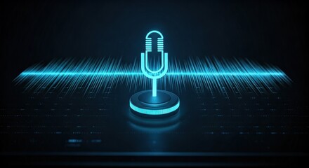 Neon blue microphone and soundwave visualization against a dark background, glowing