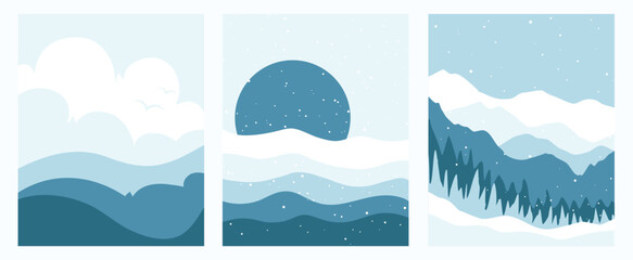 Winter background, snowy nature illustration in different scapes