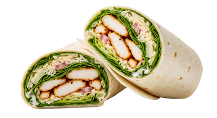Two chicken wraps, sliced in half, show off layers of lettuce, cheese, and diced tomatoes on a stark transparent background.