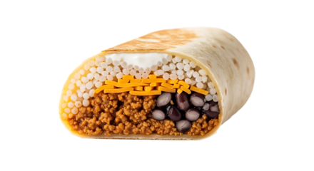 A freshly cut burrito showcasing layers of meat, beans, cheese, rice, and sour cream in a warm, soft tortilla.
