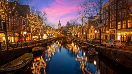 Christmas in Amsterdam with the Rijksmuseum in the Netherlands at sunset