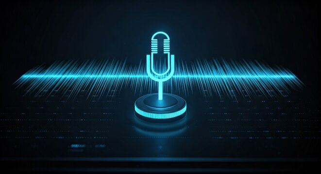 Neon blue microphone and soundwave visualization against a dark background, glowing