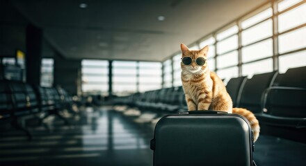 Orange tabby cat wearing sunglasses sits atop a suitcase in an empty airport terminal