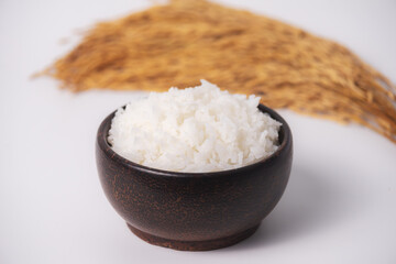 White rice in wooden bowl on white background, Rice from asia, Rice food of asian style