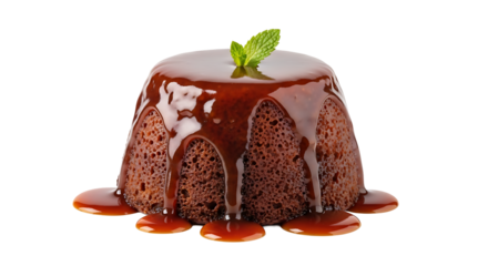 Rich dessert with caramel drizzle and mint garnish, capturing a sweet treat's simplicity and elegance on transparent background.