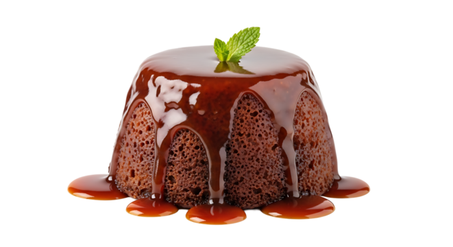Rich dessert with caramel drizzle and mint garnish, capturing a sweet treat's simplicity and elegance on transparent background.