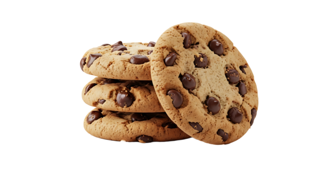 A stack of delightful chocolate chip cookies, perfect for a sweet treat or a comforting snack anytime of the day. 