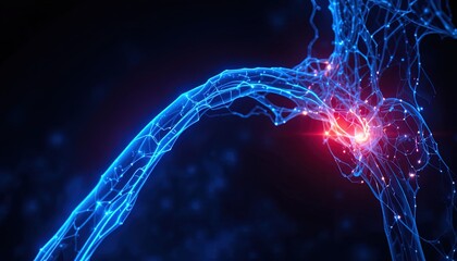 Dynamic neural network glowing with energy and connection in a modern technological representation for science, medicine and innovation concepts