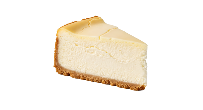 A delectable slice of creamy cheesecake, its golden crust hinting at the rich flavors within. Perfect dessert!