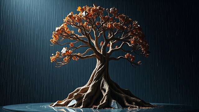 A shattered tree of life sculpture with digital binary rain, symbolizing evolution and technology.