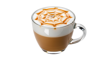 A cup of coffee with milk foam and caramel topping in a glass mug with a handle against a transparent background.